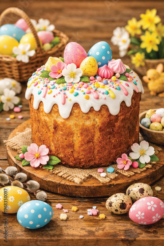 Easter cake with eggs and flowers