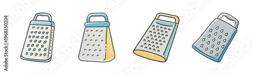 Collection of four hand-drawn graters for cheese and vegetables in cartoon style