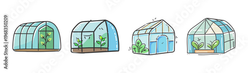 Four diverse cartoon greenhouses with plants inside, vector illustration