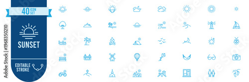 Sunset icon set. Contains icons related to horizon, mountain, cloud, palm tree, sailboat, hot air balloon, hammock, windmill, camping, nature, travel and more. Editable stroke.
