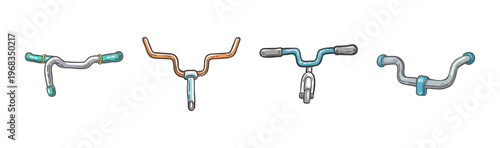 Assortment of four bicycle handlebars in a simple cartoon drawing style.