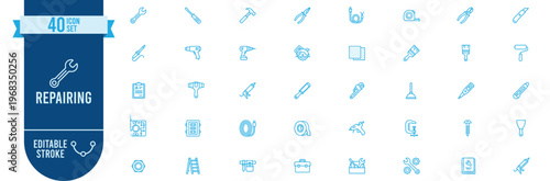 Repairing icon set. Contains icons related to wrench, hammer, screwdriver, drill, saw, pliers, toolbox, ladder, clamp, nail, bolt, chisel and more. Editable stroke.