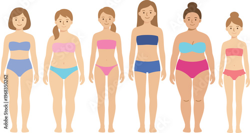 Diverse collection of women with different body types in colorful swimwear, cad drawing flat vector illustration