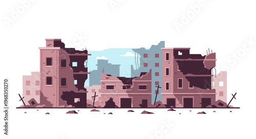 Post Apocalyptic War Ruins with Destroyed Concrete Walls and Rubble