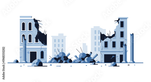 War Ruins with Barbed Wire Fence and Destroyed Concrete Barriers