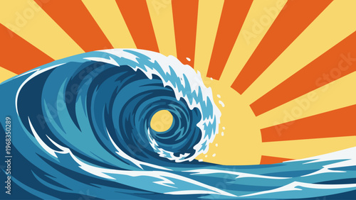 Ocean Wave Sunrise Retro Vector Illustration Surf Sea Background