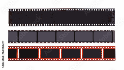 Three strips of photographic film with varying frame designs
