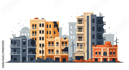 War Aftermath Landscape with Decaying Buildings and Desolate Ground