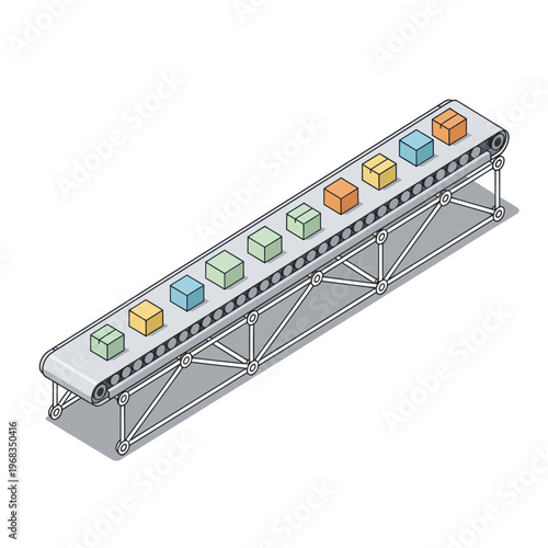 Conveyor belt system with colorful boxes in a factory setting.