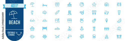 Beach icon set. Contains icons related to umbrella, surfboard, starfish, snorkel, sunglasses, coconut, anchor, lighthouse, wave, dolphin, sailboat and more. Editable stroke.