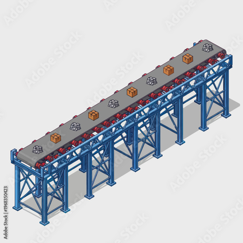 Isometric view of a long industrial conveyor belt system transporting various packages.