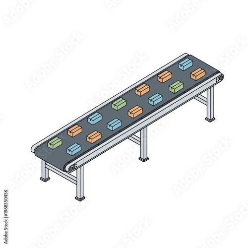 Isometric Conveyor Belt with Colorful Boxes on White Background.