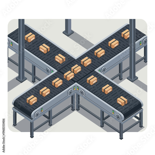 Isometric Conveyor Belt System with Boxes in a Factory Setting.