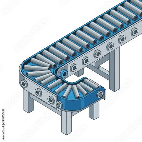 Industrial conveyor belt system with rollers for automated material handling.