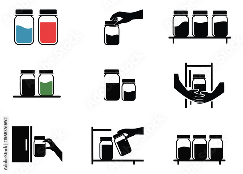 The process of preparing and storing homemade spice or herb-infused jars, simple vector sketches in hand drawn doodle style