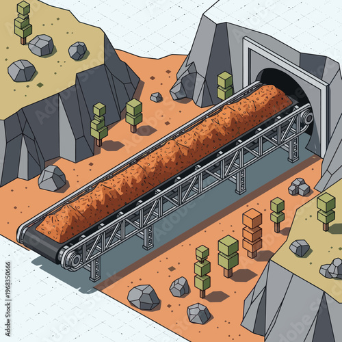 Isometric Conveyor Belt System Transporting Ore from Mine Entrance.