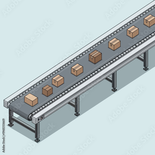 Cardboard boxes moving along a long industrial conveyor belt system.