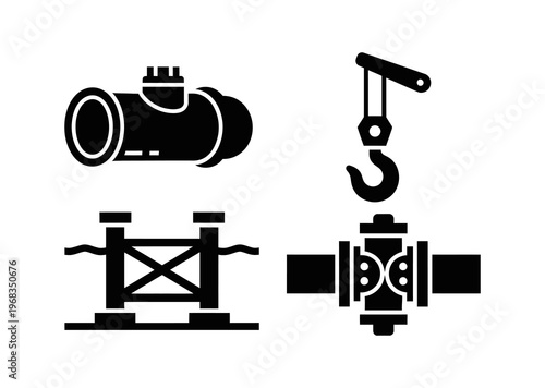 Collection of vectorized symbols representing crucial industrial infrastructure, showcasing essential components for heavy construction, energy production, and fluid transportation systems operations