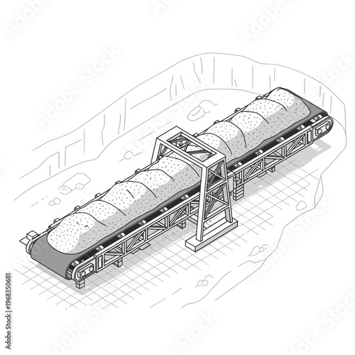 Industrial Conveyor Belt System Transporting Materials in a Mine.