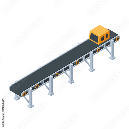 Isometric Conveyor Belt System with Yellow Box for Industrial Production.