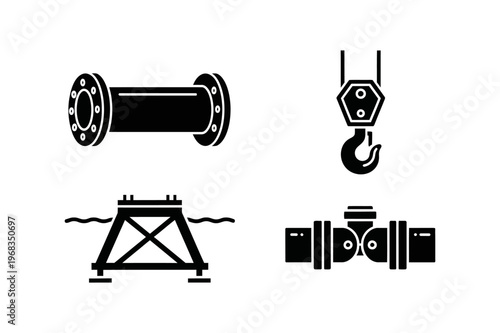 Essential Industrial Engineering Icons for Heavy Construction and Offshore Infrastructure Projects Piping, Lifting Equipment, and Marine Foundation Elements