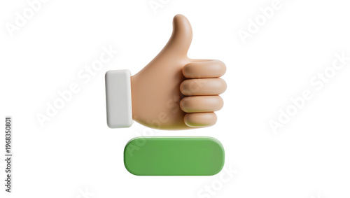 Stylized 3D human hand giving a thumbs-up gesture positioned above a rectangular green button, isolated on transparent background for digital approval