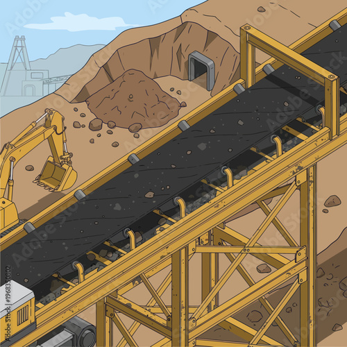 Industrial Conveyor Belt System Transporting Raw Materials.