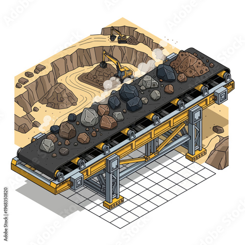 Isometric Conveyor Belt System Transporting Rocks and Minerals.