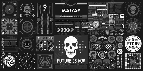 A collage of stylized skulls geometric shapes and cryptic text in grayscale