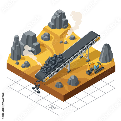 Isometric Coal Mining Operation with Conveyor Belt and Excavator.