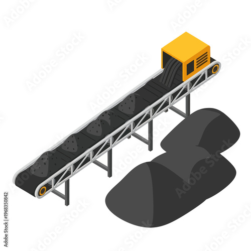 Isometric Conveyor Belt System with Coal Piles for Mining Operations.