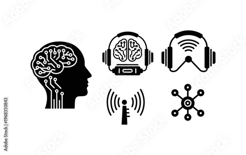 Conceptual icons illustrating advanced artificial intelligence, digital brain connectivity, wireless communication, and modern network technologies for a connected future