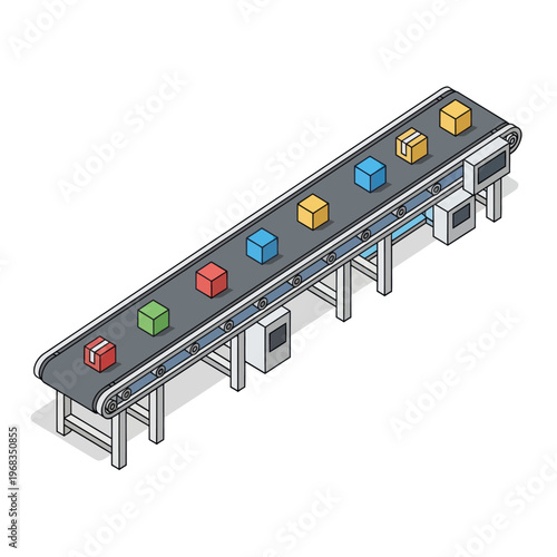 Isometric Conveyor Belt System with Colorful Boxes.