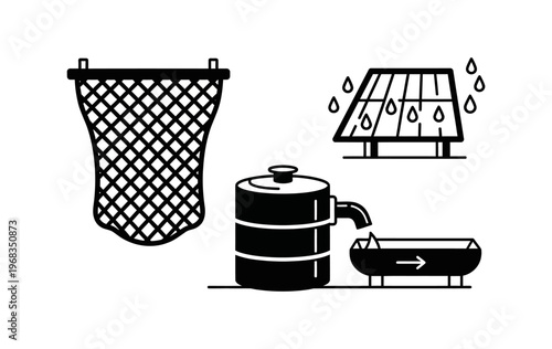 A collection of sustainable water resource management icons, depicting methods for harvesting, purifying, and utilizing water from various natural sources