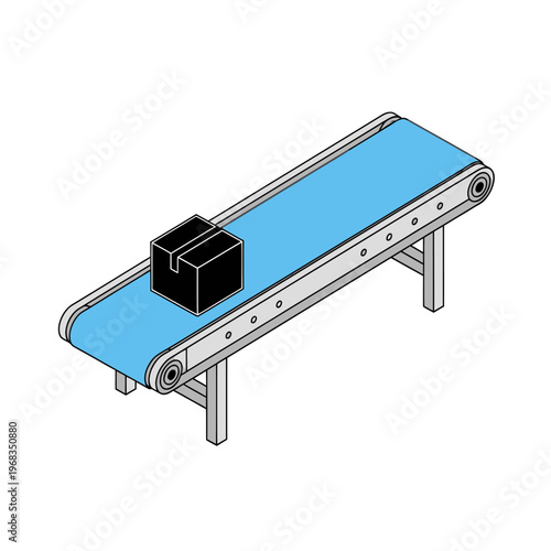 Black Box Moving on Blue Conveyor Belt in Isometric View.
