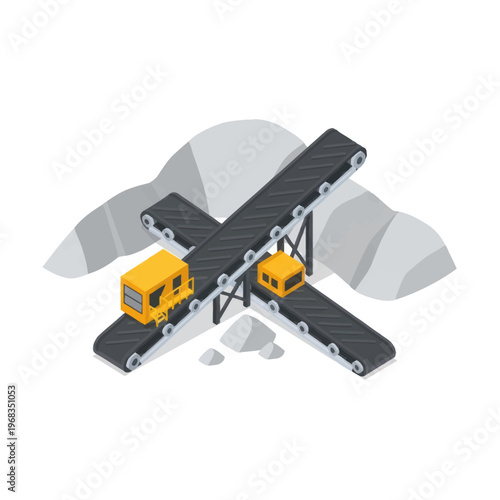 Industrial conveyor belt system with mining trucks.