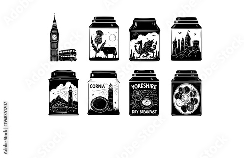 Local Flavor British Tea Tin Silhouette Sticker, Artifact Style Gastronomy Vector, Hand Etched Heritage Kitchen Illustration