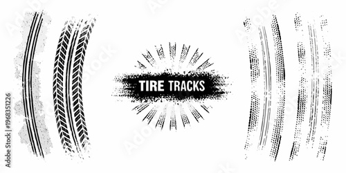 Black and white illustrations depicting various tire track patterns and textures