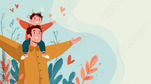 Joyful father carrying child illustration in soft modern style, heartwarming Father’s Day design for family themes, greeting cards, and emotional branding