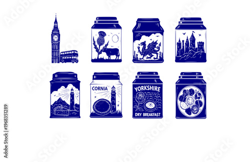 Local Flavor British Tea Tin Silhouette Sticker, Artifact Style Gastronomy Vector, Hand Etched Heritage Kitchen Illustration