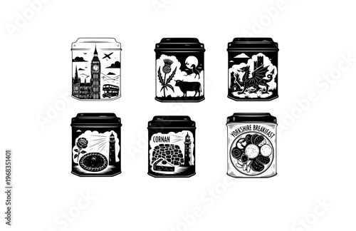Local Flavor British Tea Tin Silhouette Sticker, Artifact Style Gastronomy Vector, Hand Etched Heritage Kitchen Illustration
