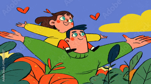 Playful textured father and child illustration in bold retro style, vibrant Father’s Day design for greeting cards, posters, and emotional storytelling visuals