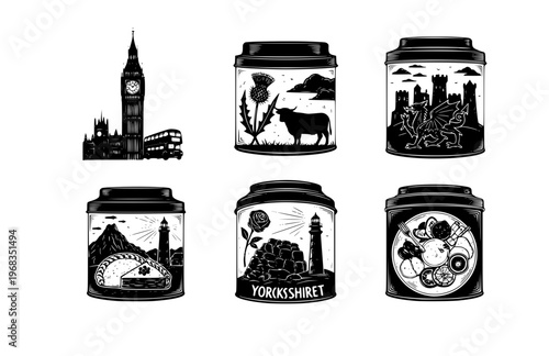 Local Flavor British Tea Tin Silhouette Sticker, Artifact Style Gastronomy Vector, Hand Etched Heritage Kitchen Illustration