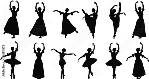 Set of elegant ballet dancer silhouettes in graceful action poses, including ballerinas in tutus and long dresses for performing arts design.