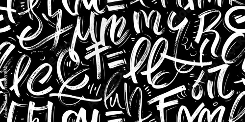 Abstract black and white background featuring chaotic expressive brushstroke lettering