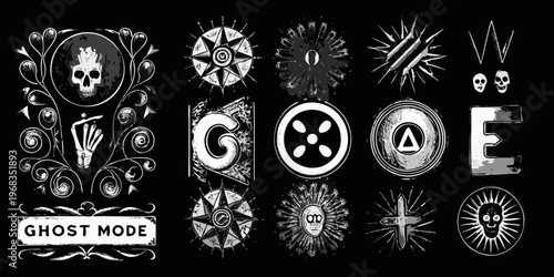 An assortment of spooky gothic style emblems and symbols in black and white