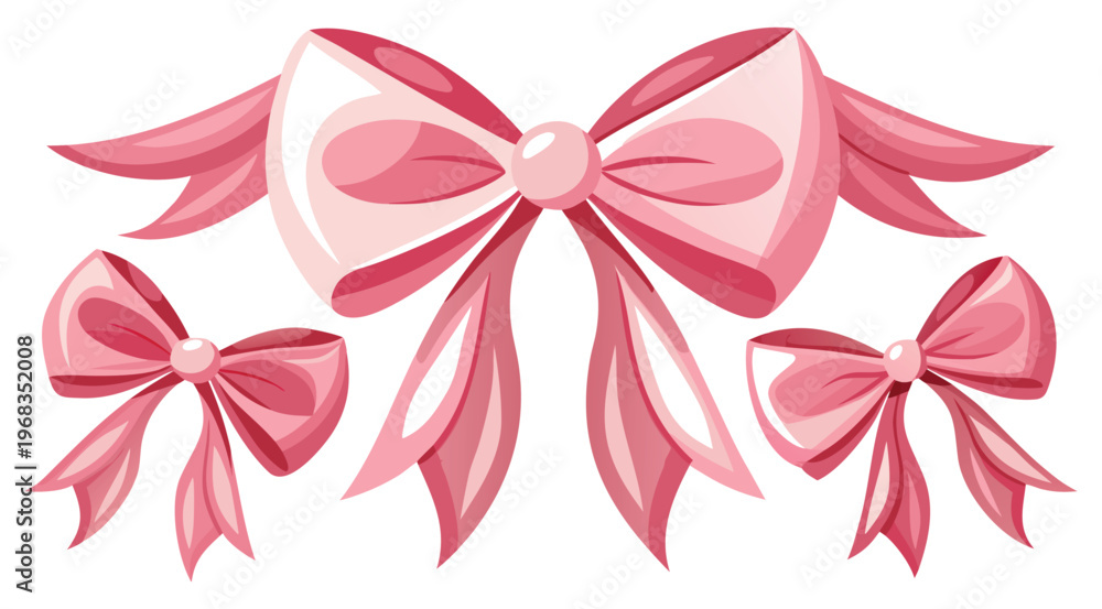 Fototapeta premium Three pink ribbon bows on white background decoration