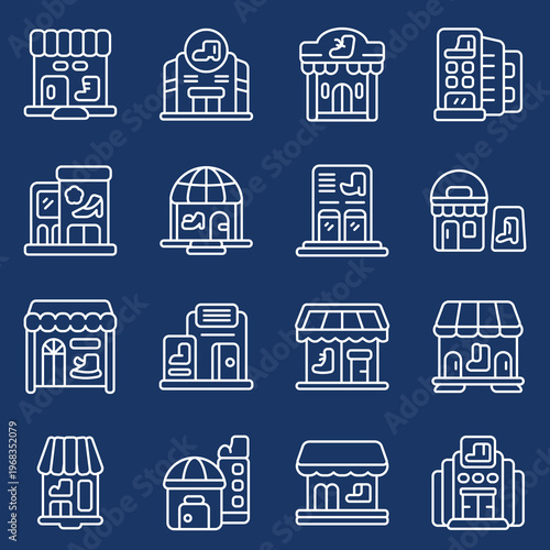 Diverse collection of linear retail shop icons, showcasing modern storefront designs and commercial buildings, perfect for business startup illustrations and e-commerce platform graphics