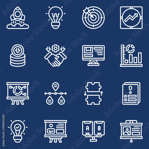 Comprehensive vector line icon set for modern business strategy, data analytics, and innovation, enhancing visual communication for user experience design and digital project management