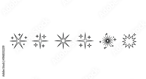 A collection of six unique vector graphic illustrations depicting various sparkling star and twinkle icons design elements